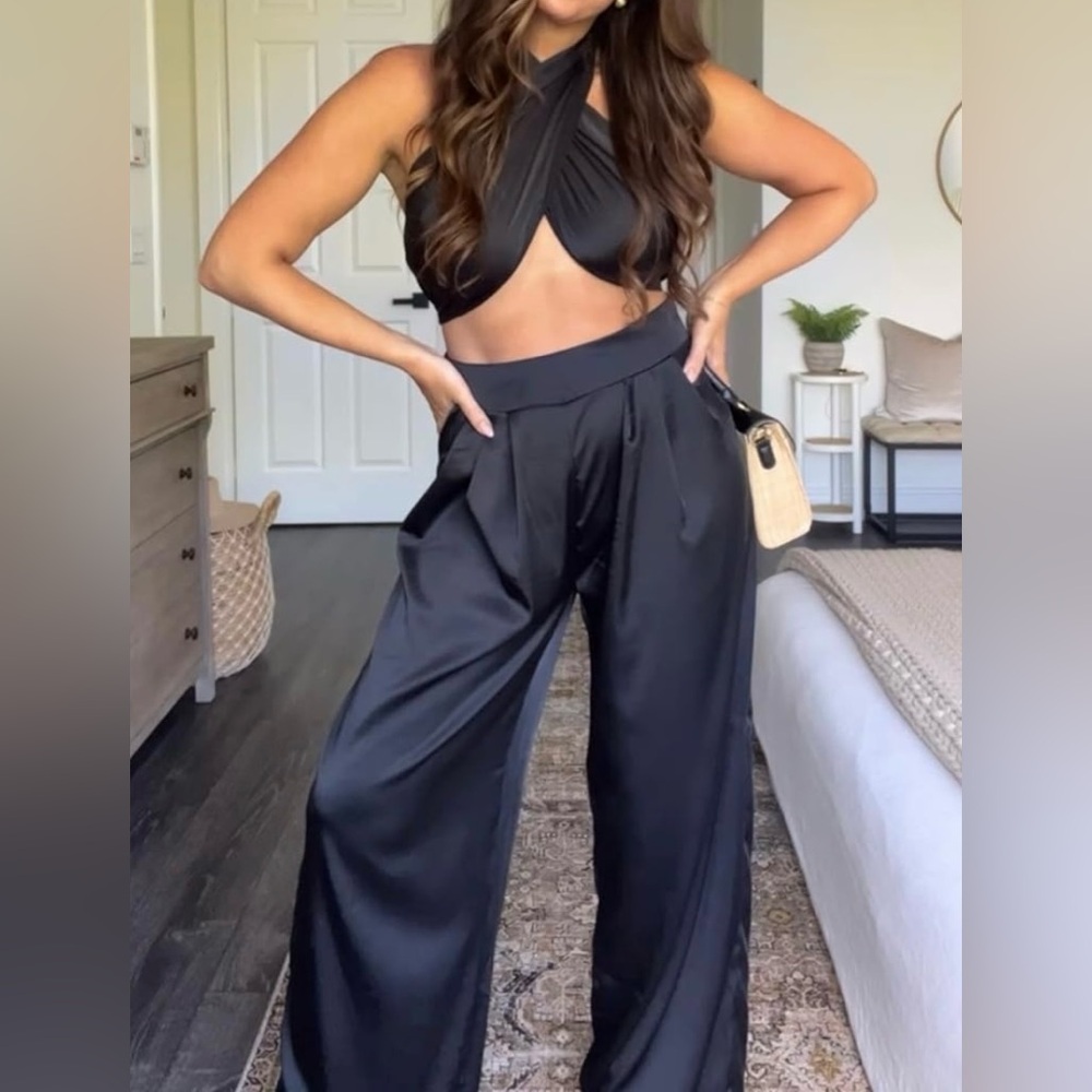 Sexy black satin 2 piece set. Crop top with high wasted wide leg pant.